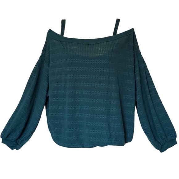 FREE PEOPLE • Teal Off-Shoulder Sistine Hacci Sweater Cold-Shoulder Top - Picture 1 of 10